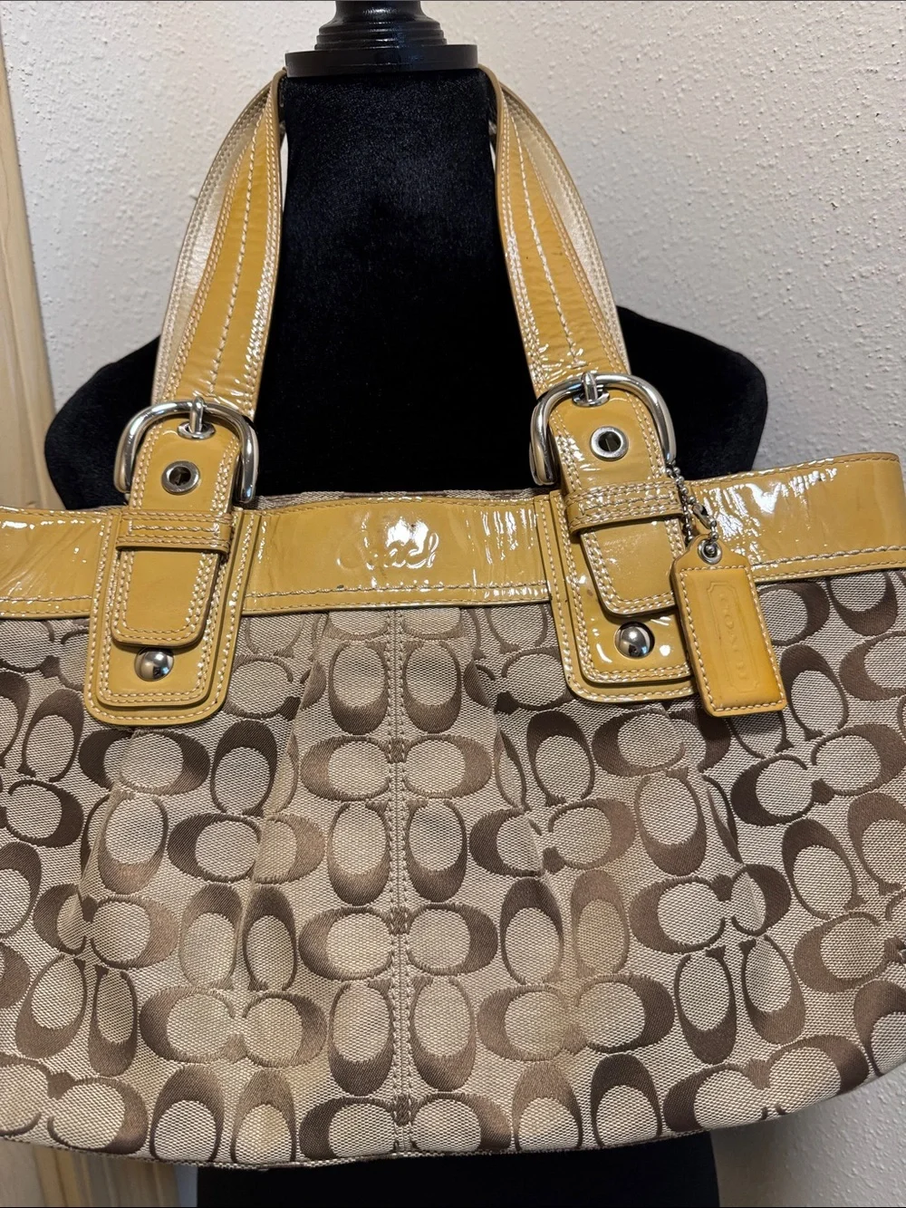 Coach Brown Signature Tote with Yellow Patent Trim